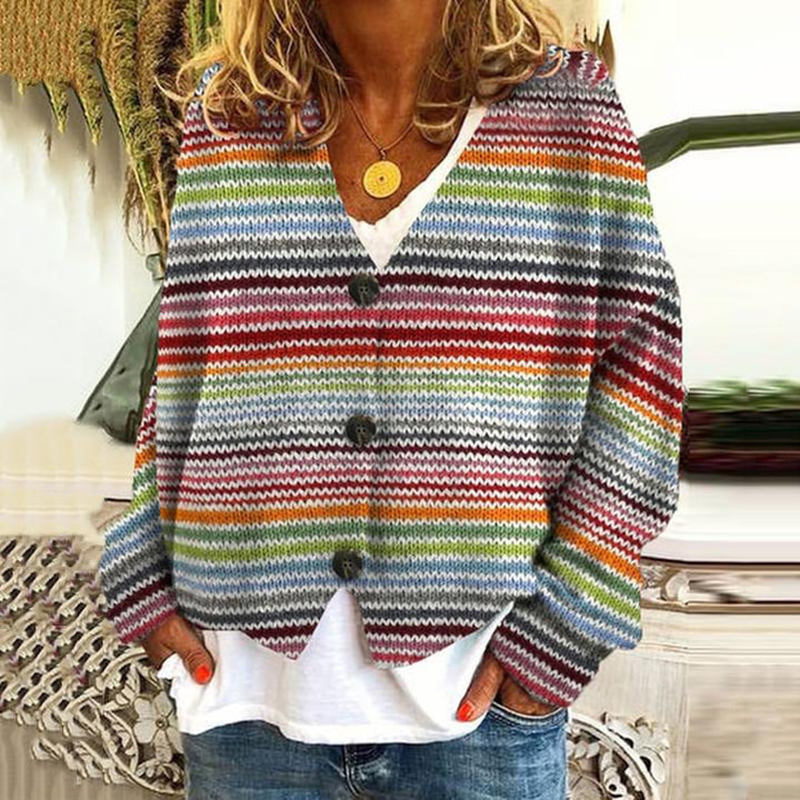 Dame Strikket Cardigan - Avslappet Passform - Bølgete Mønstret - Knapper Front