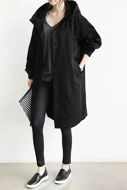 Dame trenchcoat - Casual oversized passform - Høy krage med hette - Knapper og sidelommer