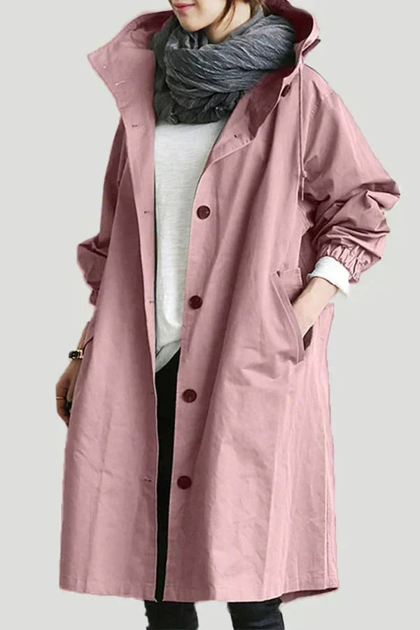 Dame trenchcoat - Casual oversized passform - Høy krage med hette - Knapper og sidelommer