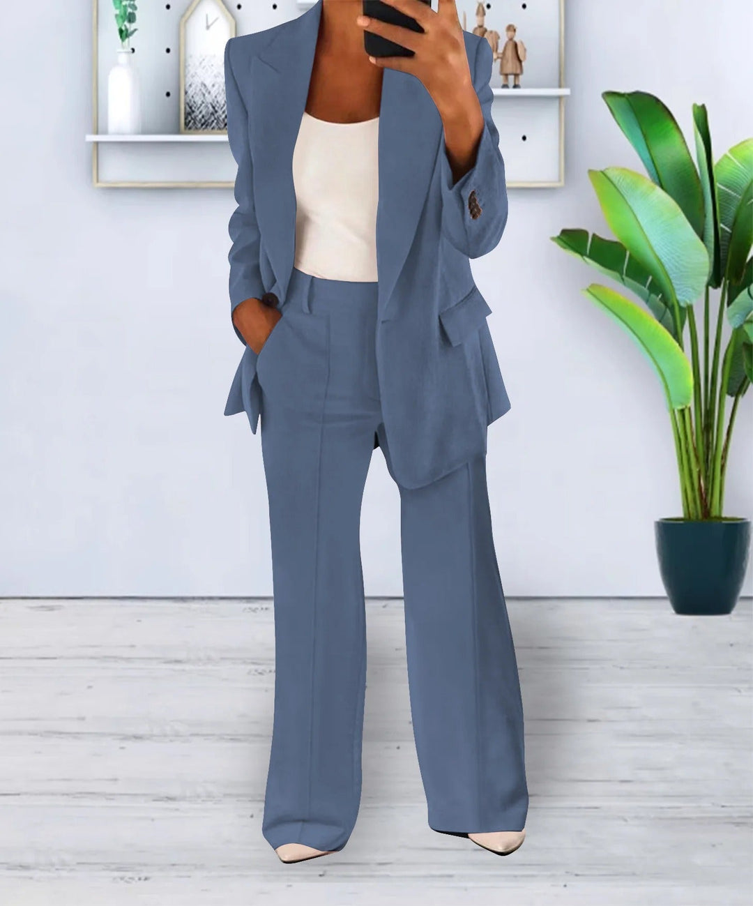 Dame Buksedress – Oversized Blazer med Vide Bukser – Høyt Liv – Elegant Business Look